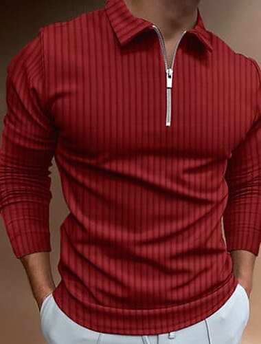  Herren Einfach Gestreift Textur Langarm Revers Basic Modern Bequem Athleisure Ferien Alltagstauglich Reißverschluss Knöpfe Ganzjahres Rote Himmelblau Braun