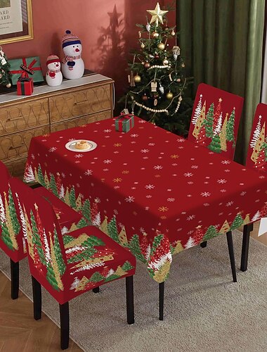  Ensemble nappe et housses de chaises de Noël pour une table festive. Nappe en tissu peau de pêche avec housses de chaises extensibles imprimées en soie de lait pour les fêtes de fin d'année à la