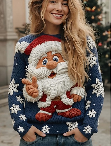  Kerst dames trui schattig streetwear casual grafisch kerstman sneeuwvlokken ronde hals patchwork gebreid lange mouwen normaal tops gebreid kerstfeest vakantie blauw lente herfst