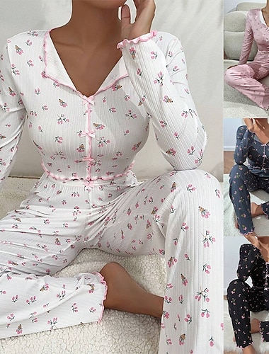  Dam Pyjamas set Ledigt Komfort Blommig Elastisk midja Byxa Hem Dagligen Långärmad V-hals Blå Svart Vit Rodnande Rosa Vår Höst Normal