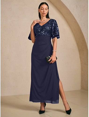  Femmes Robe maxi Robes Taille Empire Élégant Manche flottante Soirée Paillettes Dentelle Maille Coupe régulière Fleuri Demi Manches Col en V bleu marine