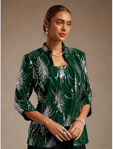  レディース ツインセット ブラウス ドレッシーなトップス イブニングトップス フェザー スパンコール エレガント 7分袖 マンダリンカラー レギュラートップス パーティー イブニングウェア イブニングパーティー スパンコール エメラルドグリーン 春 秋 冬