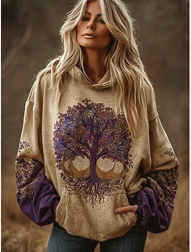  Női Pulóver Hoodie pulóver Virágos Állat Törzsi Szüret Alkalmi Hosszú ujj Kapucni Normál felsők Hétköznapi Lóhere Khakizöld Tavasz Ősz Tél