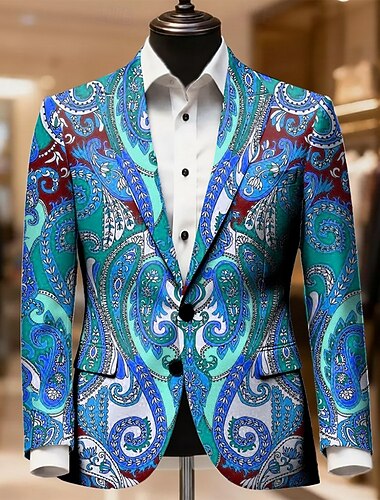  Herre Paisley Blazer jakke Frakke Bekvem Åndbart Kunstnerisk Afslappet Afslappet Daglig Festival 3D-udskrivning Knapper Efterår vinter Hakrevers Langærmet Blå Rød Grøn
