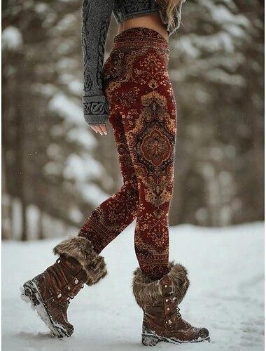  Damen Leggings Urlaub Vintage Ethno-Stil Volle Länge Hohe Taille Grafik Geometrisch Paisley-Muster 3D-Druck Schnelltrocknend Atmungsaktivität Weich Dehnbar Winter Blau Dunkelrot Marinenblau Sommer