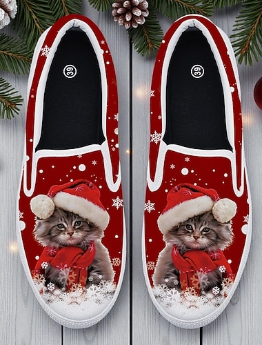  scarpe da donna rosse slip-on natalizie con gatto che indossa un cappello da Babbo Natale: stile natalizio divertente, calzature casual comode e calde per feste di Natale e regali