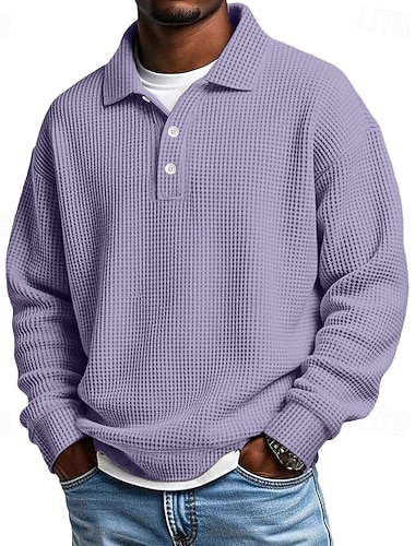  Муж. Рубашки-поло из вафельной ткани Рубашки поло Официальные Бизнес Ребристый воротник-поло Длинный рукав Мода Сплошной цвет Пуговицы Гладкая ткань Осень Весна & осень Свободное облегание
