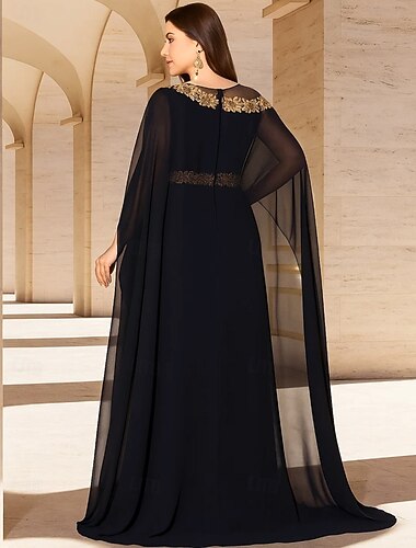  A-linje Golvlång Formell klädsel Aftonklänning Långärmad Rund hals Elegant Vintage Lyxig Chiffong Polyester Klänning till brudens mor med Broderad