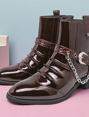  Мужские коричневые лакированные ботинки челси из искусственной кожи с цепочками — модная и удобная обувь для официальных мероприятий и повседневных прогулок.