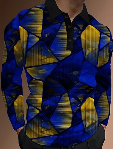  Herre Fargeblokk Abstrakt Polo Langermet Poloskjorter Knaphul Fritid utendørs Gate treningsklær Dagligdagstøy 3D-utskrift Knapper Vår Høst Vinter Blå Lilla Grønn