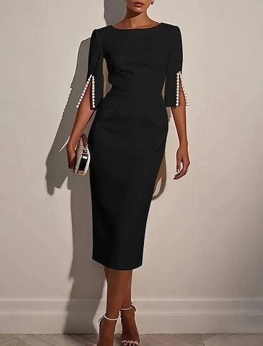  Damen Midikleid schwarzes kleid Etui-Kleid Elegant Mode Modern Täglich Büro Ferien Normale Passform Einfach Dreiviertelarm Rundhalsausschnitt U-Boot-Ausschnitt Schwarz Weiß Rosa Sommer Frühling
