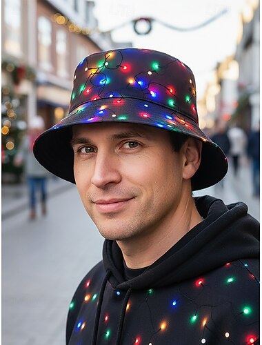  ανδρικό χριστουγεννιάτικο καπέλο bucket - πολλά χρώματα, σχέδιο με εκτύπωση LED, υλικό από πολυεστέρα, ιδανικό για χριστουγεννιάτικα ρούχα και εορταστικά πάρτι