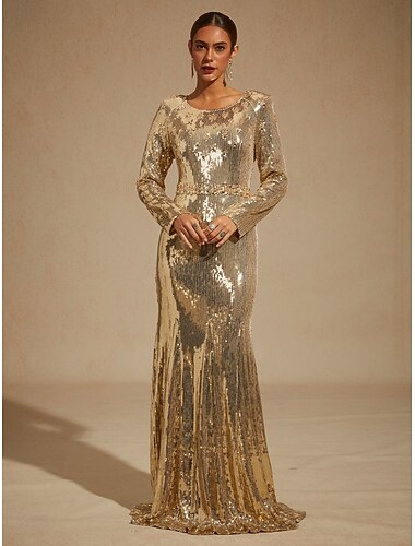  Женское платье макси длиной в пол, платье-русалка, элегантное, для вечеринок, коктейльных вечеринок, с пайетками и бисером, стандартного кроя, однотонное, с длинными рукавами, круглым вырезом,