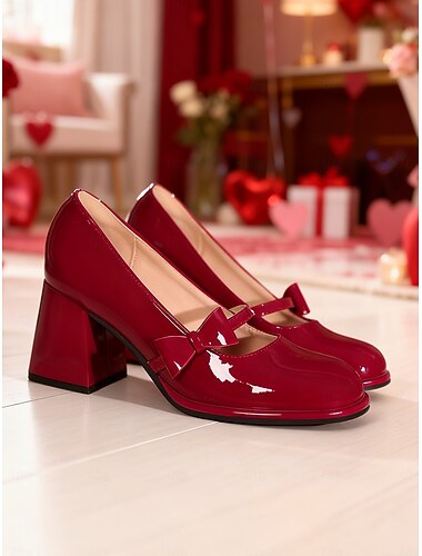  Rode Mary Jane-hakken van lakleer met strikdetail voor dames - vintage jaren 50 voor Valentijnsdag en Kerstmis, elegante vakantieschoenen