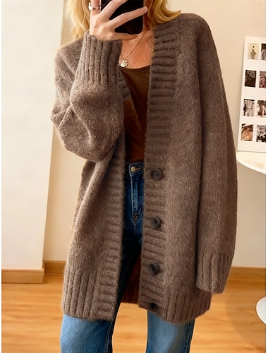  Damen-Strickjacke, modisch, alltagstauglich, einfarbig, grob gestrickt, V-Ausschnitt, Knöpfe, lange Ärmel, normale Passform, hellkamelfarben, schwarz, Herbst/Winter