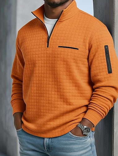  رجالي قمصان بولو الوافل Pullover الرياضة & في الخارج فضفاض ربع الرمز البريدي كم طويل موضة مريح إحزم جيب ربيع & الصيف عبر الفصول خريف & شتاء أسود أبيض أزرق البحرية برتقالي رمادي فاتح رمادي غامق