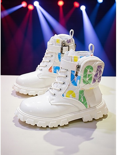  Buty dla dzieci w stylu koreańskiej gwiazdy popu inspirowane idolką - białe lakierowane buty z kolorowym nadrukiem logo &detal zamka błyskawicznego na strój na imprezę noworoczną