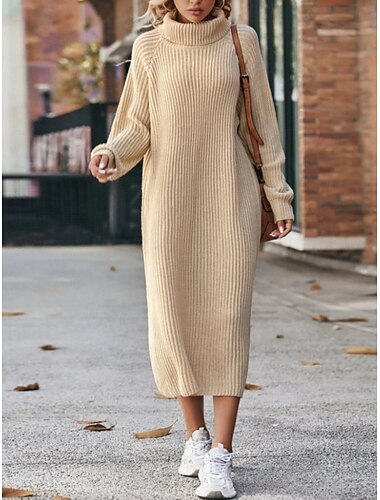  Damen Pullover Pullover Kleid Lässig Weich Einfarbig Gerippt Rollkragen Gestrickt Langarm Lange Oberteile Stricken Outdoor Täglich Wochenende Schwarz Dunkelgrün Herbst Winter