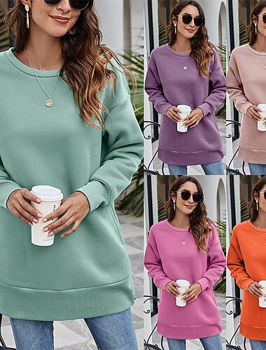  Damen Pullover Sweatshirt Einfach Streetwear Lässig Langarm Rundhalsausschnitt Normale Oberteile Straße Alltagskleidung Rosa Purpur Orange Grün Rosenrot Herbst Winter