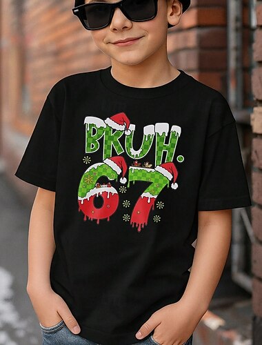  Bomull Jul Barn Gutt Svart Hvit Grafisk Nisselue Morsom slang 67 T skjorte Bluse Crew-hals Kort Erme utendørs Hverdag Mote Gatemote Designer Printer Sommer