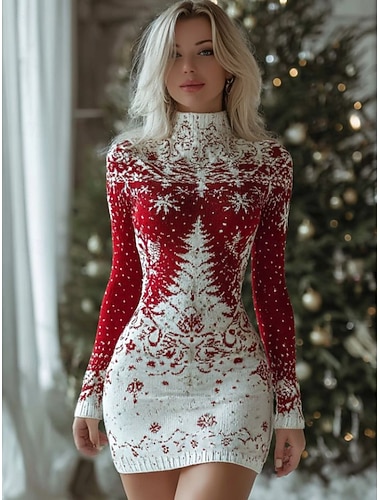  Damen Pullover Kleid Täglich Stilvoll Schneeflocken Rundhalsausschnitt Druck Langarm Crop Tops Stricken Weihnachten Rote Herbst Winter