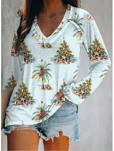  Jul Dame T skjorte Grafisk Juletre Elegant Årgang Stilfull Langermet V-hals Vanlige topper Daglig Ut på byen Helg Trykt mønster Hvit Lysegrønn Blå Himmelblå Sommer Vår Høst Vinter