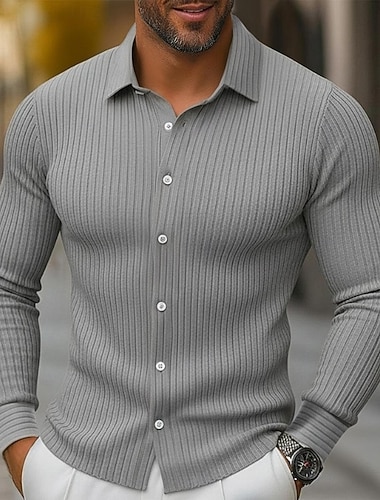  Herren Hemd Rippenstrick Freizeithemd Stehkragenhemd Knopfhemd Weiß Marineblau Grau Leicht Blau Langarm Einfach Kragen Lässig Täglich Bekleidung Mode Modern Lässig Bequem