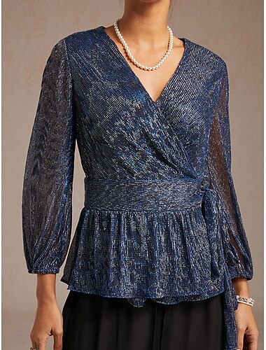  naisten juhlavat topit elegantit lyhtyhihat sifonki v-pääntie normaalit topit häävieras juhla-iltapuku työasu plisseerattu metallinhohtoinen tummansininen kevät, syksy, talvi, kesä