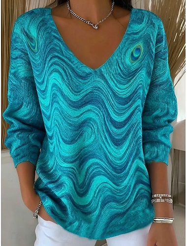  Жен. Вязаная ткань Пуловер Мода Уличный стиль На каждый день Графика Полоски V-образный вырез Крупногабаритные Трикотаж Длинный рукав Обычные топы Вязать на открытом воздухе Повседневные Синий