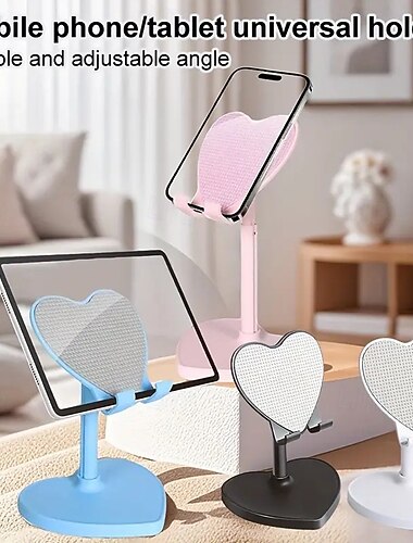  2-pakning hjerteformet skrivebords telefonstativ med justerbar sammenleggbar design kompatibel med forskjellige smarttelefoner og nettbrett som passer til flere mobile enheter.