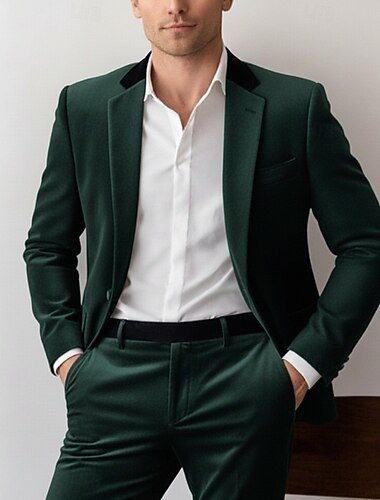  Menn Virksomhet Avslappet Fløyelsdress Spissjakkeslag Svart Mørkegrønn Daglig Fritid Ensfarget Skreddersydd 2-delt sett Enkelt Brystet Enn-knapp