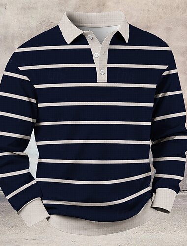  رجالي شرائط أفقية قمصان بولو الوافل لعبة الرجبي بولو كم طويل قمصان البولو قميص بياقة كاجوال الرياضة مناسب للبس اليومي Buttons الربيع الخريف الشتاء أزرق أسود بني