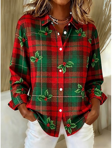  Natal Mulheres Blusa Gráfico Xadrez Árvore Vintage Tropical à moda Manga Longa Colarinho de Camisa Tops regulares Trabalho Diário Para Noite Patchwork Botões Imprimir Vinho Verde Tropa Vermelho Verde
