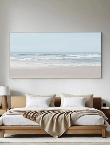  Grande peinture marine originale, bleu et gris, abstraite, paysage de plage, ciel peint, décoration murale pour salon.