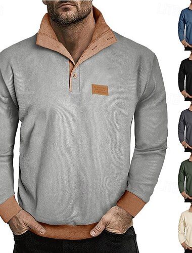  Herren Sweatshirt Kord Pullover Kapuzenpullover mit Knöpfen Aprikose Schwarz Armeegrün Marineblau Hellgrau Stehkragen Einfach Patchwork Farbblock Strukturiert Sport & Outdoor Lässig Täglich