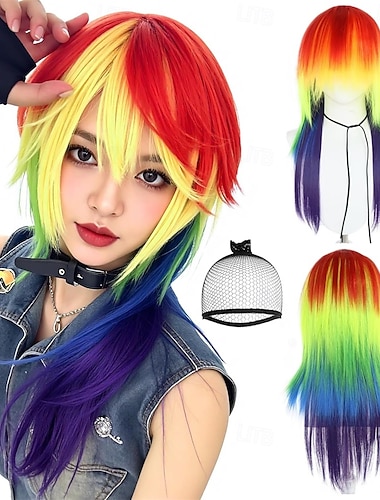  Peruca de Carnaval Vermelho Roxo Verde Liso Longo Peruca sintética para festivais Mardi Gras Parada Cabelo para fantasia de cosplay para Feminino