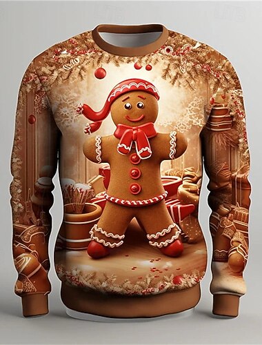  Noël Homme Graphique Emoji bonhomme en pain d'épice Sweatshirt Mode Streetwear Vacances Occasionnel Col ras du cou Sortir Festival Brun claire Marron Impression 3D Printemps Automne Designer S M L XL