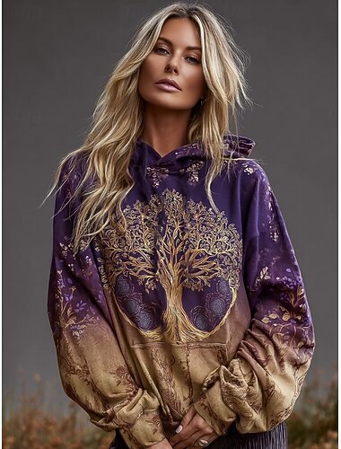  női viking vintage pulóver kapucnis pulóver állatmintás törzsi vintage lezser hosszú ujjú kapucnis normál felsők lezser lila tavasz ősz tél