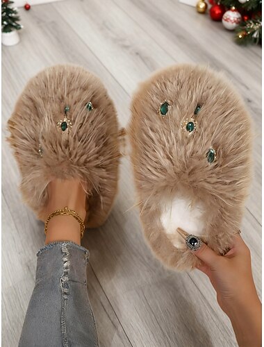  Γυναικείες παντόφλες από χνουδωτή γούνα με διακοσμητικά πετράδια – ζεστά και άνετα χειμωνιάτικα παπούτσια εσωτερικού χώρου για γυναίκες, απαλό βελούδινο χριστουγεννιάτικο δώρο
