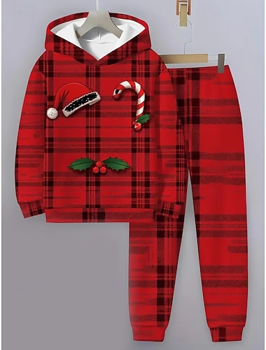 Navidad Chico 3D Plaid Cada Copo Conjuntos navideños regalo de Navidad Conjunto de sudadera con capucha y pantalones deportivos Manga Larga Primavera Otoño Diario Básico Casual Niños 4 años + Con