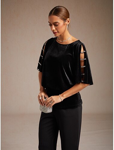  Női Bársony Öltözetes felsők Elegáns Buli Féhosszú Terített nyak hideg váll Hosszú felsők Party estélyi viselet Estély Strassz Kivágott Fekete Tavasz, Ősz, Tél, Nyár