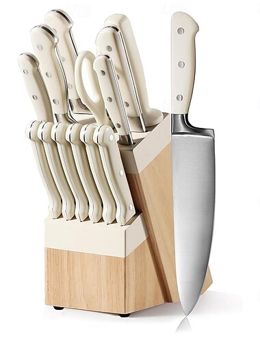  14-osainen erittäin terävä aterinveitsisetti, ruostumattomasta teräksestä valmistetut terät tarkkaan leikkaamiseen, kaikki terät, kermanvärinen.