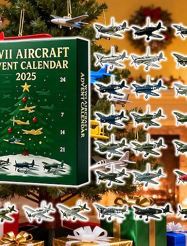  WWII Vliegtuig Adventkalender Sokkenvullers 2025 24 Dagen van Iconische Oorlogs-vliegtuigen Kerstcadeau voor Mannen Vader Model Verzamelaars Luchtvaartliefhebbers Bevat 24 Jachtvliegtuig Hangertjes