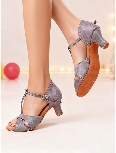  Women's Purple Latin Dance Shoes - Professional Ballroom Salsa Tango Sandals with T-Strap Design and Low Heels for Competition or Performance