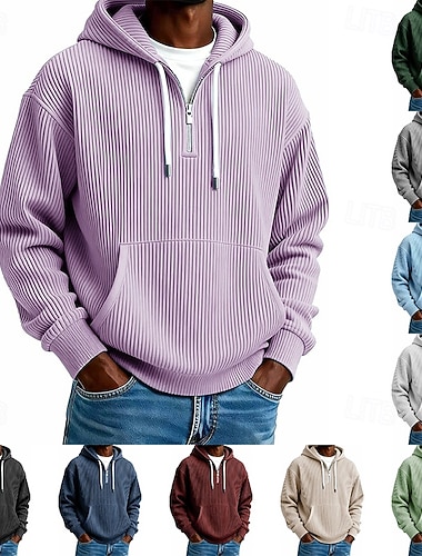  Homme Sweat à capuche Velours Côtelé Sweat à capuche quart zippé Abricot Rouge vin Noir bleu marine Vert foncé À capuche Uni Fermeture éclair Texturé Sport & Loisir Occasionnel Quotidien Streetwear