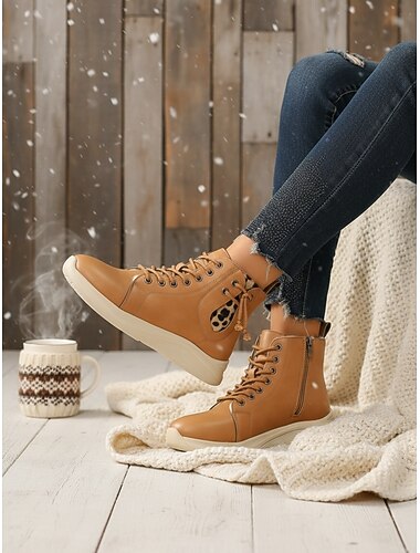  Lichtbruine high-top sneakerlaarzen voor dames met luipaardprint – veterschoentjes met rits aan de zijkant voor casual wandelen, reizen en streetstyle