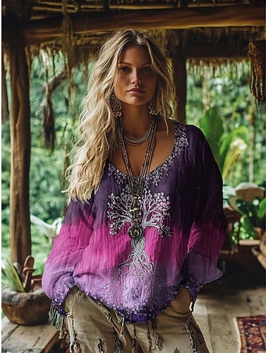  בגדי ריקוד נשים חולצת טריקו של בוהו גראפי גיאומטרי אלגנטית בוהמיה וינטאג' שרוול ארוך צווארון V חולצות רגילות יומי סוף שבוע הדפסת תלת מימד פול אודם סגול תלתן קיץ אביב סתיו חורף