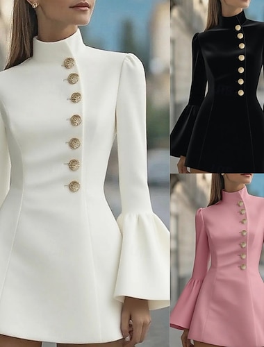  Damen Minikleid A Linie Kleid Figurbetontes Kleid Halbformelle Kleider Büro Schlank Einfach Langarm Hoher Ausschnitt Schwarz Weiß Rosa Frühling Herbst Winter