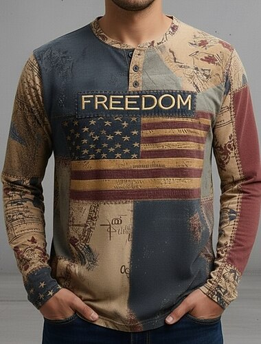  رجالي علم الولايات المتحدة الأمريكية FREEDOM قميص هينلي كم طويل موضة لطيف يوميا فضفاض مناسب للعطلات مناسب للخارج ربيع & الصيف كل الفصول زهري أزرق فاتح أخضر داكن كاكي هينلي تي شيرت هنلي