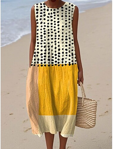  Robe midi en lin pour femmes robe de soleil robe à shift robe trapèze vacances décontractées boho sortie plage coupe ample graphique géométrique sans manches col rond jaune gris foncé orange clair